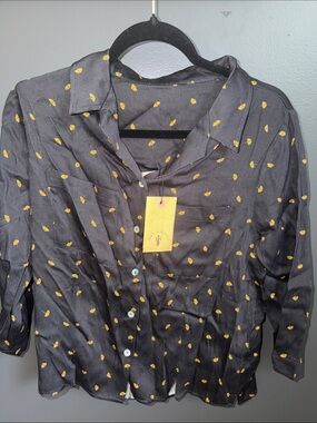 knot sisters Black Button-Down Shirt with Yellow Leaf Print